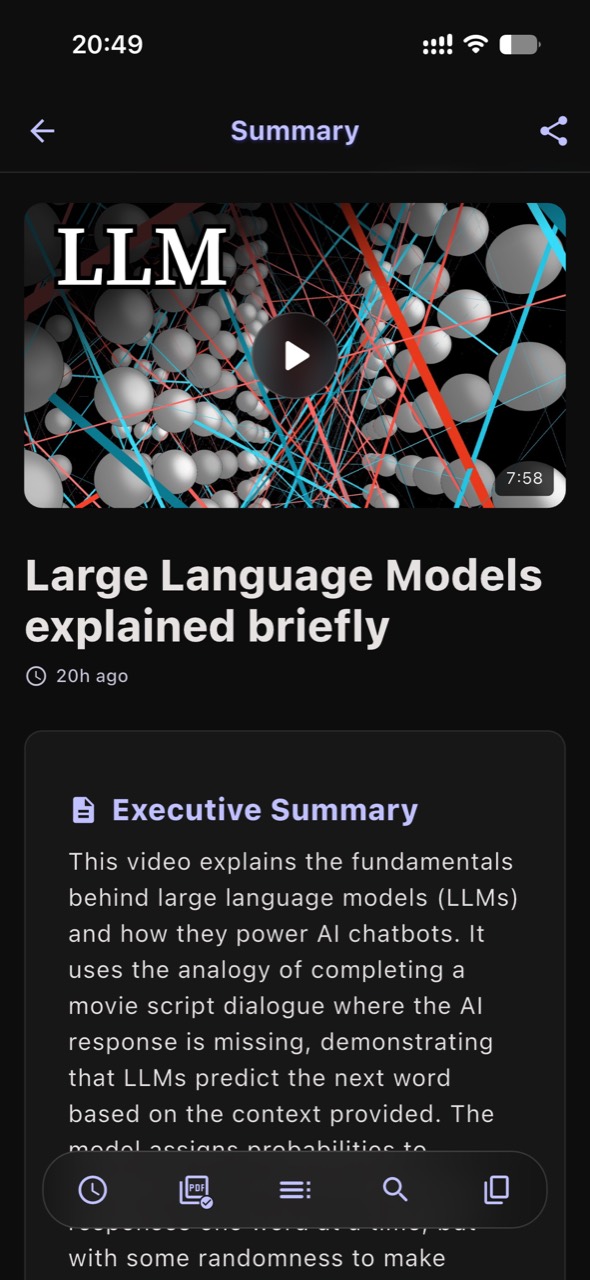 InsightVideo Summary Detail page showing an AI-generated summary